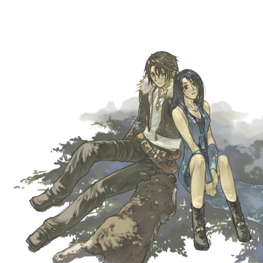 1boy 1girl angelo_(ff8) arm_support belt black_footwear black_hair black_jacket black_pants black_tank_top blue_eyes boots brown_belt brown_fur brown_hair chain chain_necklace commentary_request cropped_jacket dappled_sunlight day detached_sleeves dog final_fantasy final_fantasy_viii full_body hinokami jacket jewelry light_smile long_hair long_sleeves looking_at_another lying multiple_belts necklace on_side open_clothes open_jacket outdoors pants parted_lips rinoa_heartilly scar scar_on_face shirt sitting skirt sleeveless_duster squall_leonhart sunlight tank_top white_shirt