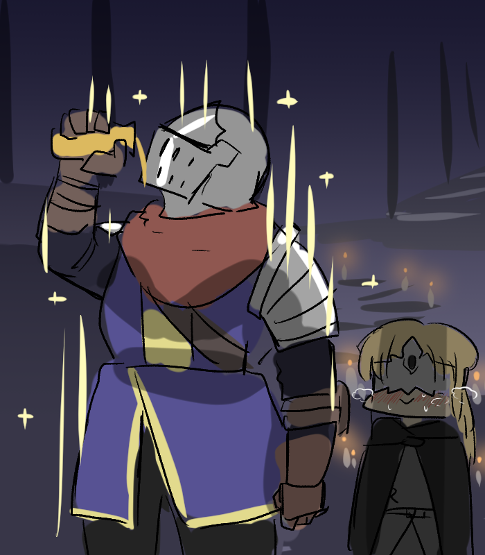 armor ashen_one_(dark_souls) blonde_hair blush chibi covered_eyes dark_souls_(series) dark_souls_iii drinking drinking_pee estus_flask fire_keeper heavy_breathing nervous_sweating okpriko shoulder_armor sketch smile sweat