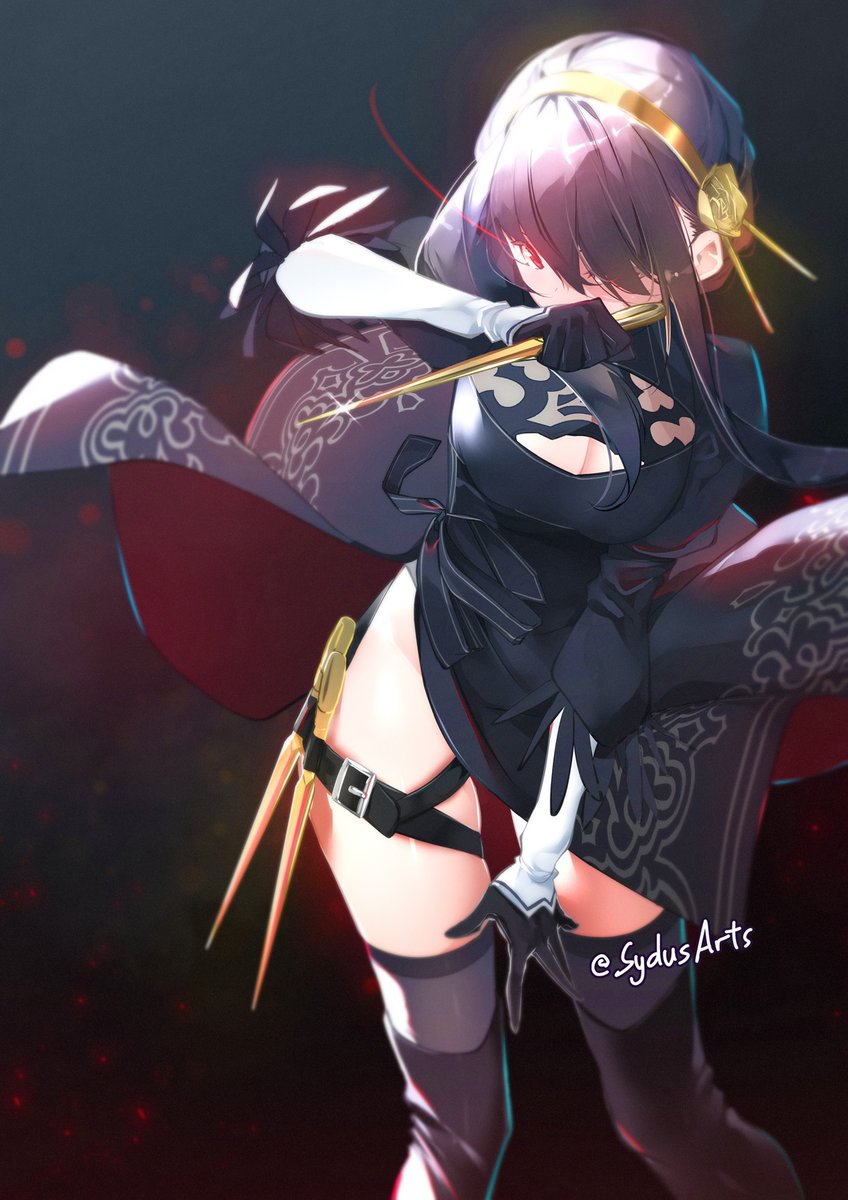 1girl 2b_(nier:automata) 2b_(nier:automata)_(cosplay) arm_up artist_name black_background black_boots black_dress black_gloves black_hair black_thighhighs boots breasts cleavage cleavage_cutout clothing_cutout cosplay covering_own_mouth dress elbow_gloves feather-trimmed_sleeves feet_out_of_frame flower gloves gold_hairband hair_flower hair_ornament hairband hairpin highres large_breasts looking_at_viewer multiple_hairpins nier_(series) red_background red_eyes short_hair_with_long_locks side_slit solo spy_x_family sydus thigh_boots thigh_strap thighhighs thighhighs_under_boots three-quarter_sleeves twitter_username two-tone_background two-tone_gloves white_gloves yellow_flower yor_briar ||/