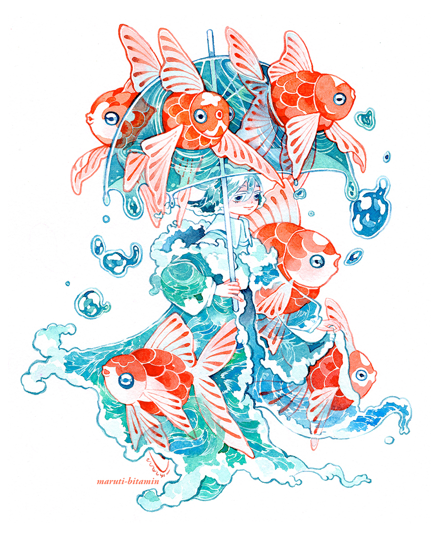 1boy androgynous artist_name blue_cloak blue_eyes blue_hair blue_umbrella caustics cloak collared_shirt color_contrast colored_eyelashes fish foaming_waves goldfish holding holding_umbrella limited_palette liquid_clothes liquid_hair liquid_umbrella male_focus maruti_bitamin orange_scales original painting_(medium) shirt simple_background traditional_media umbrella water watercolor_(medium) wave_print waves white_background white_eyelashes white_shirt