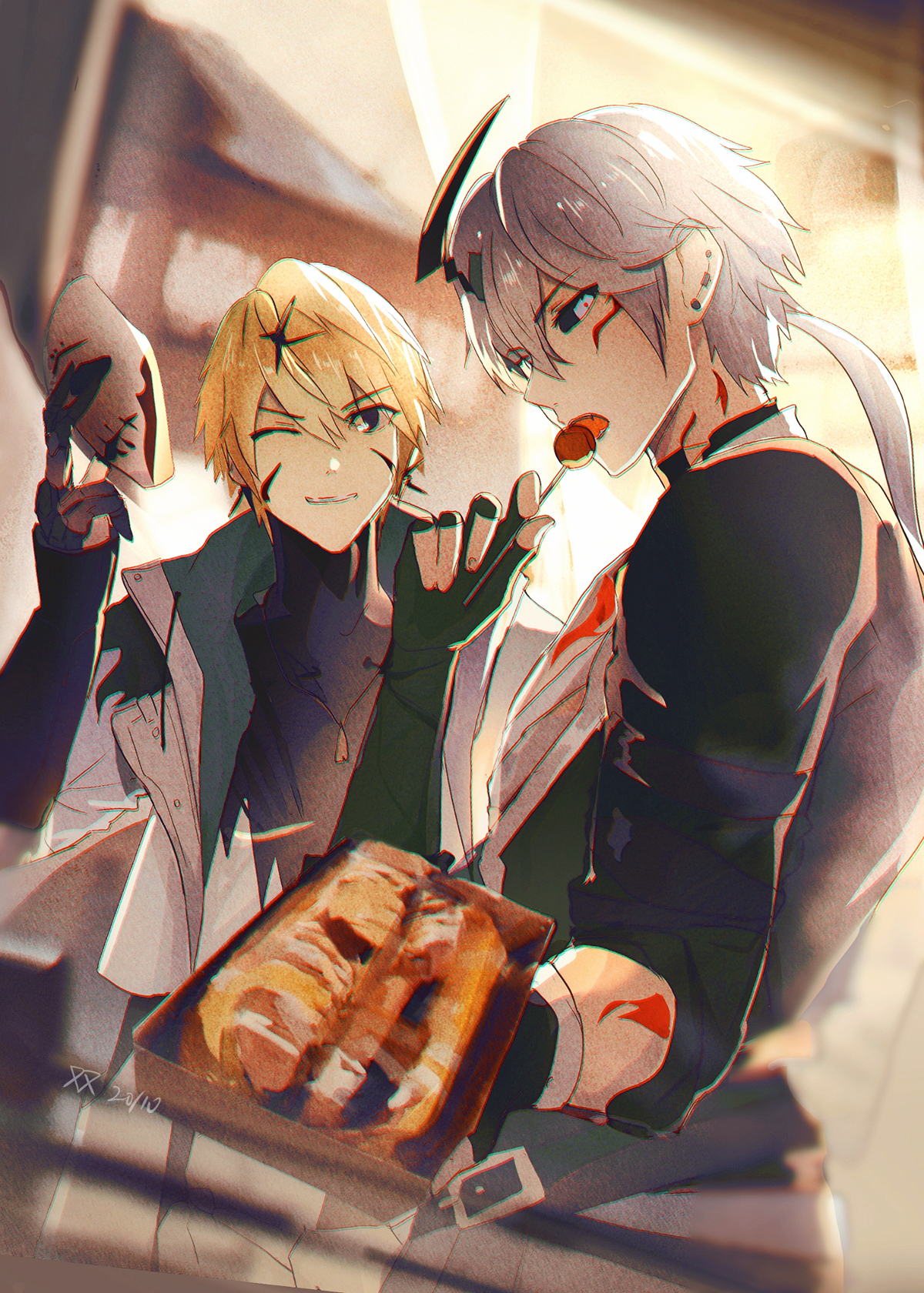 2boys black_sclera camu:_crocotta_(yaksha_undertow)_(pgr) camu_(pgr) colored_sclera eating highres holding holding_mask kamui:_bastion_(pgr) kamui:_tenebrion_(spectral_parade)_(pgr) kamui_(pgr) looking_at_viewer mask multiple_boys niarss offering_food official_alternate_costume one_eye_closed punishing:_gray_raven red_tattoo wink