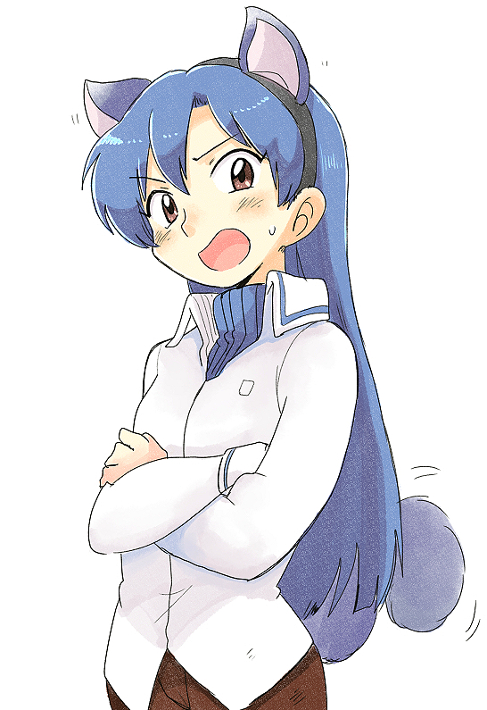 1girl animal_ears blue_hair blush brown_eyes brown_pants cat_ears collared_shirt cowboy_shot crossed_arms fake_animal_ears fake_tail idolmaster idolmaster_(classic) idolmaster_1 kisaragi_chihaya long_hair long_sleeves looking_at_viewer open_mouth pants shirt simple_background solo sweatdrop tail tsubobot white_background white_shirt