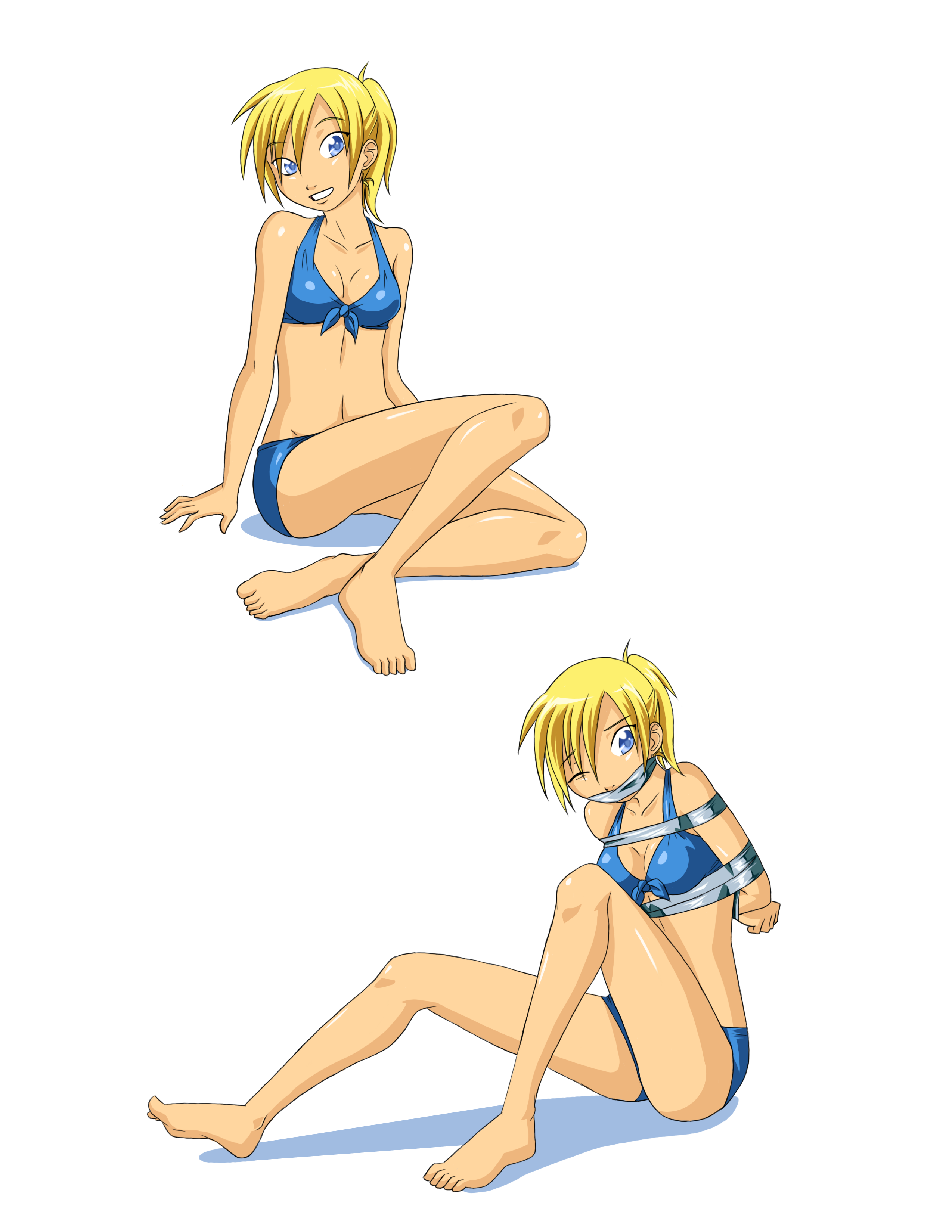 1girl absurdres arms_behind_back bdsm belly bikini bondage bound collarbone commentary english_commentary gag gagged highres improvised_gag midriff multiple_views navel nikira_(rocatart) original rocatart swimsuit tape tape_bondage tape_gag