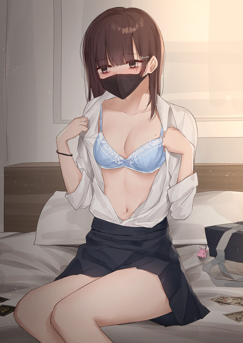 1girl banknote black_skirt blush breasts brown_hair cleavage collarbone kanju large_breasts long_hair long_sleeves mask mole mole_on_breast money mouth_mask navel original school_uniform shirt_tucked_in sitting skirt solo underwear
