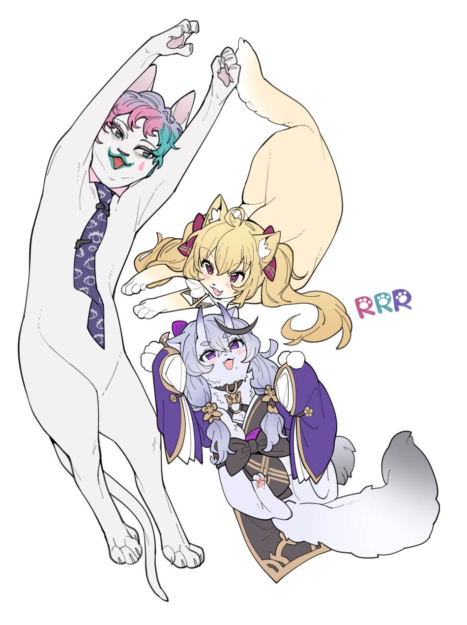 :3 adapted_costume animal aqua_eyes aqua_hair aqua_lips black_bow black_collar black_hair black_sash blonde_hair blush bow bowtie cat clothed_animal collar commentary_request detached_collar eye_print facepaint fang grey_cat hair_bow hair_tubes highres horns japanese_clothes joe_rikiichi kimono long_hair long_sleeves looking_at_another lying mitsumine_(ookami_no_oyashiro) mole mole_under_mouth multicolored_hair necktie nijisanji o-ring on_back on_stomach open_mouth pelvic_curtain pink_hair purple_eyes purple_hair purple_kimono purple_necktie red_bow rindou_mikoto rindou_mikoto_(1st_costume) rrr_(nijisanji) sash short_eyebrows short_hair simple_background skin-covered_horns streaked_hair stretching takamiya_rion teardrop_facial_mark thick_eyebrows tie_clip twintails two-tone_hair virtual_youtuber white_background white_bow white_cat yellow_cat