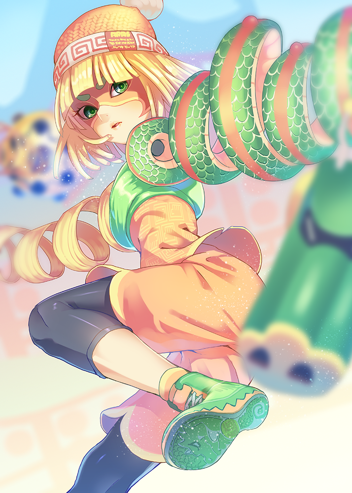 1girl arms_(game) beanie black_pants blonde_hair blunt_bangs blurry bouzu_(bonze) capri_pants chinese_clothes commentary_request depth_of_field domino_mask dragon_(arms) green_eyes green_shoes hat high_tops mask megawatt_(arms) min_min_(arms) orange_hat orange_shorts pants parted_lips shoes short_hair shorts sneakers solo standing standing_on_one_leg