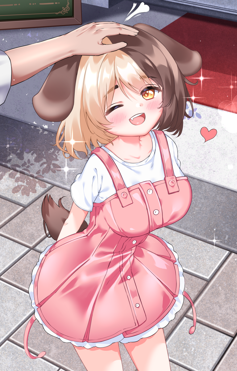 1girl 1other ambiguous_gender animal_ears blonde_hair blouse blush breasts brown_hair commentary dog_ears dog_girl dog_tail dress fang frilled_dress frills green_eyes hachiko_of_castling hand_on_another&#039;s_head happy headpat heart highres ine_(ineinnen) large_breasts last_origin looking_at_viewer medium_hair multicolored_hair one_eye_closed open_mouth out_of_frame pinafore_dress pink_dress shirt short_sleeves sleeveless_dress smile sparkle split-color_hair tail thick_eyebrows two-tone_hair white_shirt