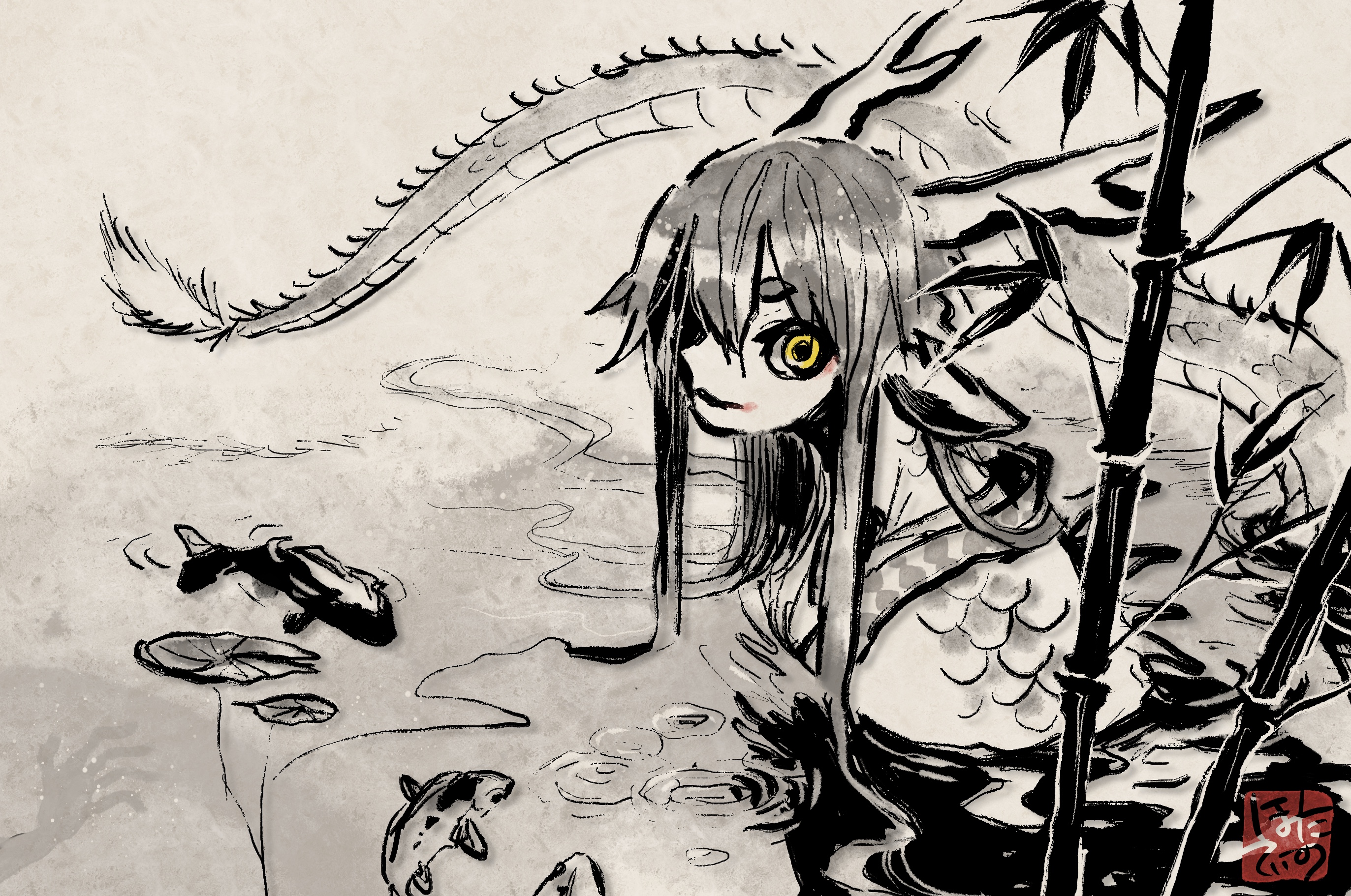 1boy animal animal_ears bamboo commentary_request dragon_boy dragon_ears dragon_horns dragon_tail eastern_dragon_horns eastern_dragon_tail fish hair_ornament highres horns hotathino japanese_clothes kimono koi long_hair looking_at_viewer male_focus original outdoors partially_submerged scales solo spot_color sumi-e tail upper_body water yellow_eyes