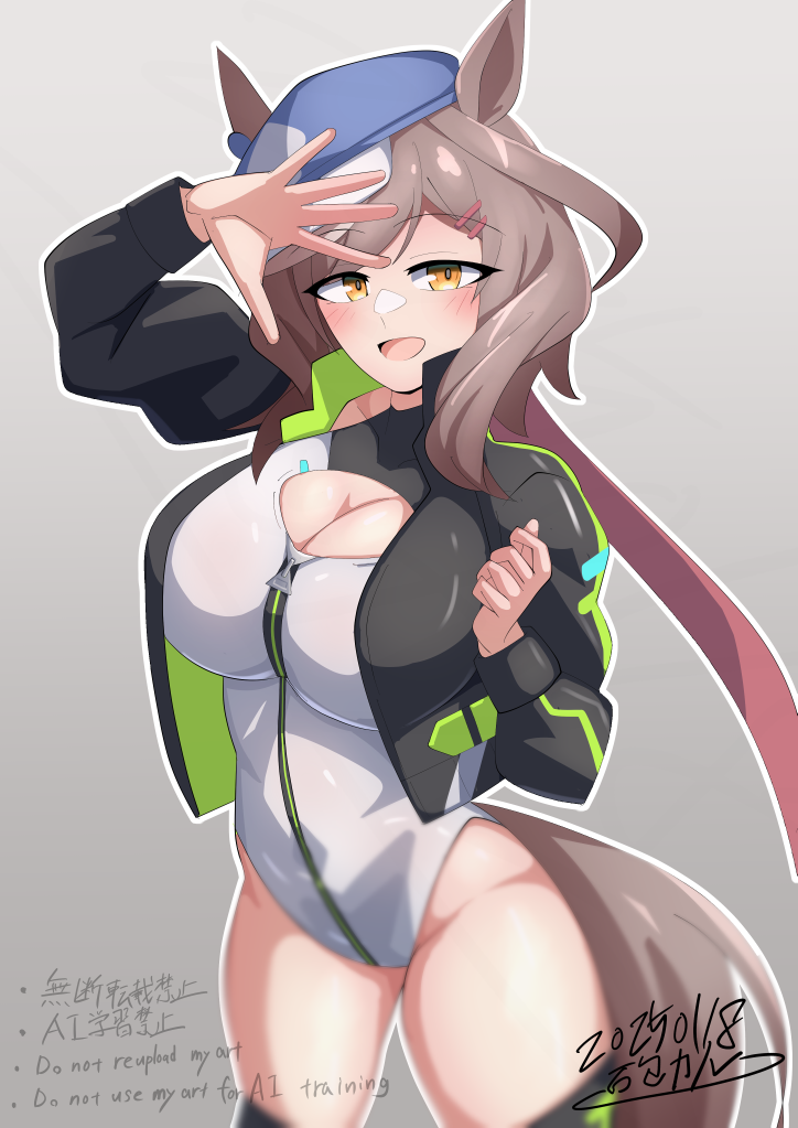 1girl alice_gear_aegis animal_ears beret black_jacket black_thighhighs blue_hat brown_eyes brown_hair circle_cutout cleavage_cutout clothing_cutout companion/af covered_collarbone cowboy_shot front_zipper full-length_zipper grey_background hair_through_headwear hat heattech_leotard highleg highleg_leotard horse_ears horse_tail ishitsuma_canon jacket leotard long_hair matikane_tannhauser_(umamusume) multicolored_leotard race_queen signature sleeveless_turtleneck_leotard smile solo tail thighhighs turtleneck two-tone_leotard umamusume white_leotard zipper zipper_leotard zipper_pull_tab