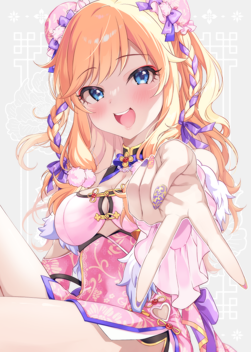 1girl :d bare_shoulders blonde_hair blue_eyes blush braid breasts cleavage foreshortening hair_bun hair_ribbon highres idolmaster idolmaster_cinderella_girls idolmaster_cinderella_girls_starlight_stage knee_up large_breasts multicolored_hair nail_art nako_narita neck_ribbon ohtsuki_yui open_mouth pink_ribbon ribbon sitting smile solo two-tone_hair v