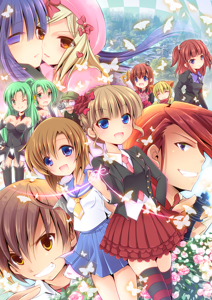 4boys 6+girls :d ;) ^_^ angel_mort animal_ears beatrice_(umineko) blonde_hair blue_eyes blue_hair bow brown_hair bug butterfly camera closed_eyes company_connection creator_connection crown detached_collar enjoy_mix flower frederica_bernkastel glasses green_eyes green_hair grin hair_bobbles hair_bun hair_flower hair_ornament hat higurashi_no_naku_koro_ni in-franchise_crossover insect lambdadelta lion_ears maebara_keiichi maria_(umineko) multiple_boys multiple_girls necktie no_naku_koro_ni_(series) one_eye_closed open_mouth pink_hat pink_necktie red_eyes red_hair ryuuguu_rena sakutarou_(umineko) school_uniform serafuku single_hair_bun smile sonozaki_mion sonozaki_shion striped_clothes striped_legwear striped_thighhighs thighhighs tomitake_jirou umineko_no_naku_koro_ni ushiromiya_ange ushiromiya_battler ushiromiya_maria wink yellow_eyes