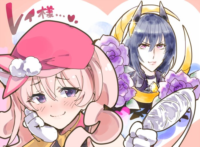 2girls beret blue_hair blush closed_mouth commentary flower gloves hair_between_eyes hand_on_own_cheek hand_on_own_face hat heart holding ito_ryo long_face multiple_girls nose_blush pink_hair pink_hat princess_connect! purple_eyes purple_flower purple_rose raised_inner_eyebrows rei_(princess_connect!) rose sleeveless smile split_mouth spoken_heart tsumugi_(princess_connect!) twintails white_gloves