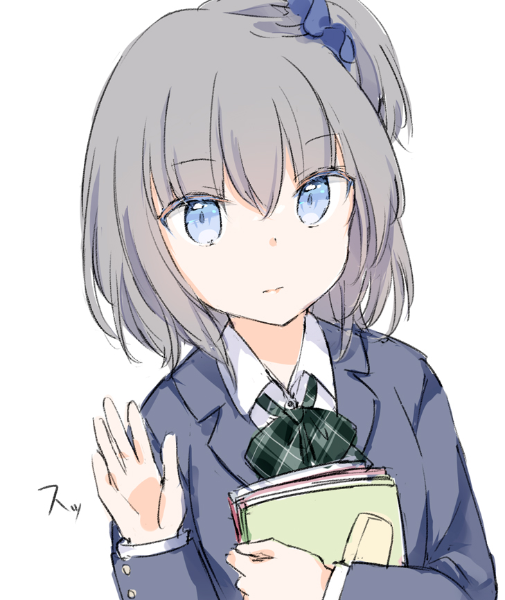 1girl blazer blue_eyes blue_jacket bow collared_shirt commentary_request green_bow grey_hair hair_between_eyes hair_ornament hair_scrunchie hand_up jacket long_sleeves looking_at_viewer one_side_up original plaid_bow school_uniform scrunchie shirt simple_background solo upper_body wataame27 white_background white_shirt