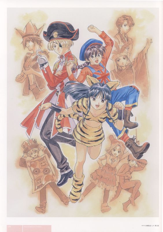 1boy 6+girls animal_costume animal_ears animal_print armlet black_footwear black_hair blonde_hair boots bow bowtie bracelet bracer brown_eyes brown_footwear buttoned_cuffs buttons card cat_ears closed_eyes club_(shape) coat diamond_(shape) eyepatch fake_animal_ears fake_tail formal_clothes frilled_skirt frills fujieda_kaede full_body glasses hat heart holding hook_hand jewelry joker_(playing_card) kanzaki_sumire kirishima_kanna lace-up_boots long_hair long_sleeves maria_tachibana multiple_girls official_art oogami_ichirou open_mouth pants patch pirate pirate_hat playing_card projected_inset purple_hair red_coat reni_milchstrasse ri_kouran sakura_taisen sakura_taisen_ii scan shinguuji_sakura shoes short_hair skirt smile socks soletta_orihime spade_(shape) striped_clothes striped_socks suit tail tiger_print treasure_island vertical-striped_clothes vertical-striped_socks