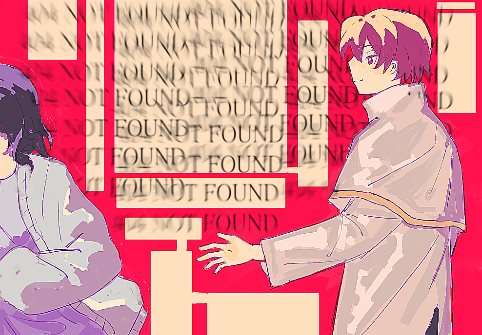 1boy 1girl 404 black_hair brown_eyes brown_hair capelet cardigan chinese_commentary closed_mouth commentary_request english_text gold_trim grey_cardigan http_status_code jabuchi_you long_sleeves open_cardigan open_clothes purple_shirt saibou_shinkyoku sanzhuangdaoju shirt short_hair smile white_capelet white_shirt yanagi_nina