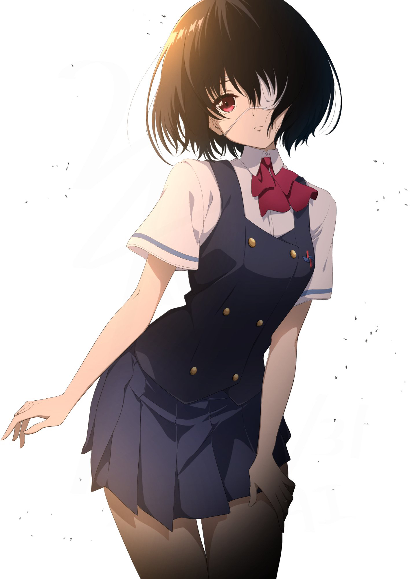 1girl another backlighting black_hair black_vest blue_skirt bow bowtie breasts buttons closed_mouth collared_shirt commentary_request cowboy_shot double-breasted eyepatch frown hand_on_own_thigh highres leaning_forward looking_at_viewer medical_eyepatch miniskirt misaki_mei nishizuki_shino partial_commentary pleated_skirt red_bow red_bowtie red_eyes school_uniform shirt short_hair short_sleeves skirt solo standing vest white_background white_shirt yomiyama_north_junior_high_school_uniform