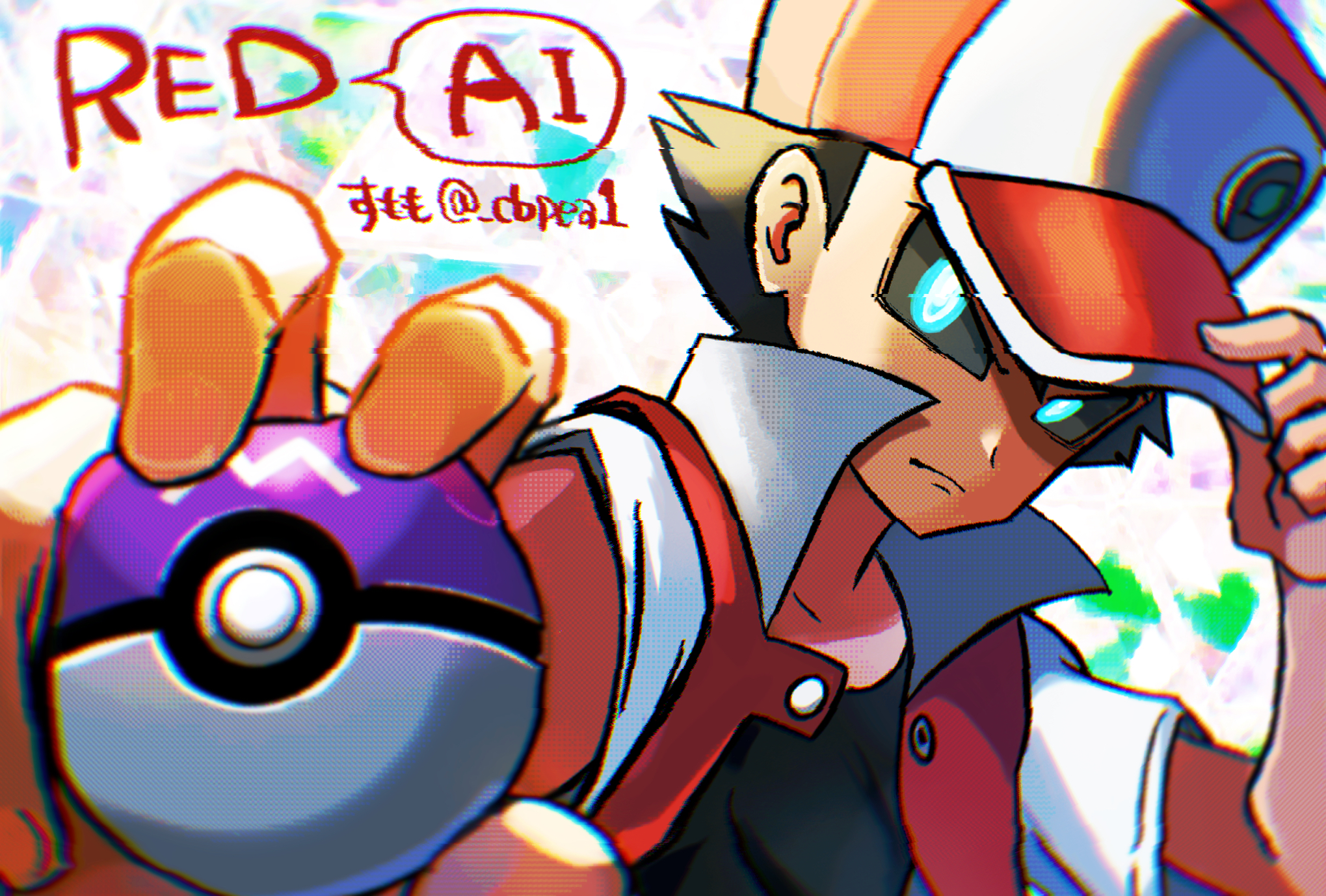 1boy aqua_eyes black_sclera black_shirt bright_pupils cbpea1 chromatic_aberration colored_sclera commentary_request hand_on_headwear hat highres holding holding_poke_ball jacket looking_at_viewer male_focus master_ball nintendo outstretched_arm poke_ball pokemon pokemon_rgby red_(pokemon) red_hat red_jacket shirt short_hair short_sleeves solo twitter_username upper_body white_background white_pupils