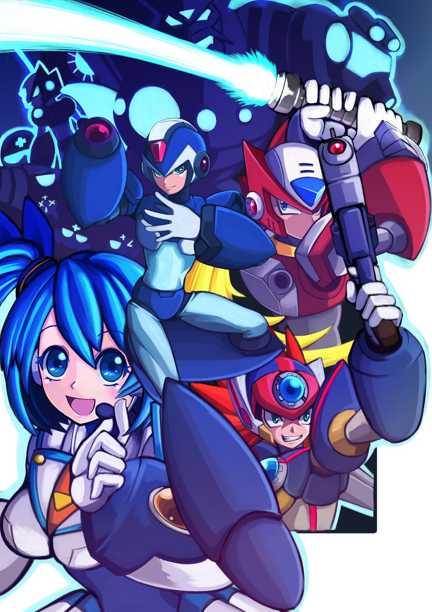 agetatekoron2 arm_cannon armor axl_(mega_man) black_armor black_helmet blonde_hair blue_armor blue_eyes blue_hair blue_helmet brown_hair cross_scar energy_gun energy_sword forehead_jewel green_eyes gun helmet highres holding holding_gun holding_sword holding_weapon long_hair looking_at_viewer mega_man_(series) mega_man_x_(series) mega_man_x_dive one_side_up ponytail red_armor red_helmet rico_(mega_man) scar scar_on_face smile spiked_hair sword weapon x_(mega_man) z_saber zero_(mega_man)