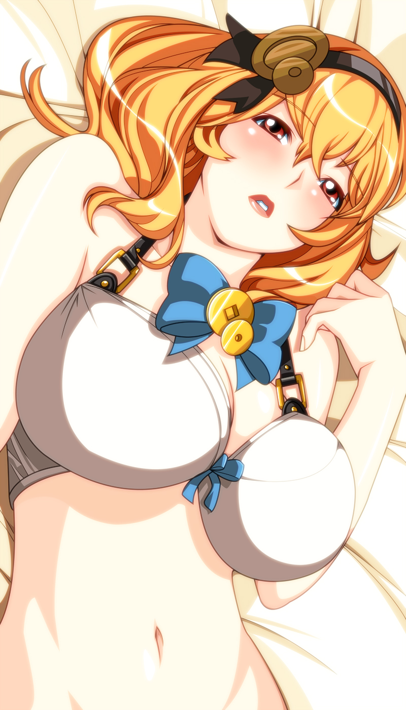 1girl bare_shoulders blonde_hair blush breasts brown_eyes cleavage eros_(phantom_of_the_kill) female_focus hairband highres huge_breasts long_hair looking_at_viewer lying navel official_style on_back onigiri_(niyake) parted_lips phantom_of_the_kill solo stomach