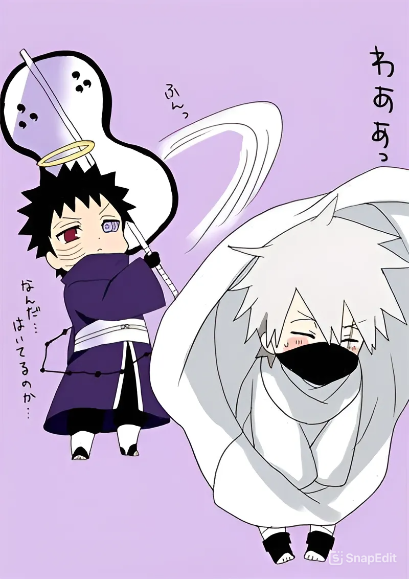 black_hair blush embarrassed face_mask frown furrowed_brow gloves grey_hair halo hatake_kakashi heterochromia hokage holding holding_weapon implied_pantyshot implied_yaoi japanese_text mask multiple_boys naruto_(series) naruto_shippuuden official_alternate_costume purple_background purple_outfit pushing_clothes_down rinnegan scar scar_on_face sharingan shipping_(fandom) spiked_hair sweatdrop translated uchiha_obito upskirt war_fan weapon