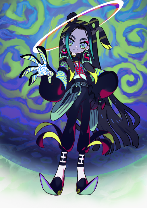 1boy androgynous aqua_eyes bishounen black_pants black_shoes black_shrug child chinese_knot closed_mouth clothing_request collared_shrug earrings eyelashes eyeshadow fate/grand_order fate_(series) game_cg gloved_sleeves green_background green_eyes green_shirt hair_rings halo hand_on_own_hip hand_up head_tilt jewelry long_hair long_sleeves makeup male_focus official_art pants parted_bangs puffy_long_sleeves puffy_sleeves red_eyeshadow shirt shoes shrug_(clothing) sidelocks smile solo taisui_xingjun_(fate) take_(illustrator) third-party_source very_long_hair