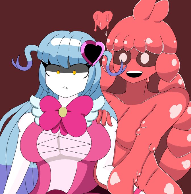 2girls accessories breasts colored_skin fang frown hair_ornament heart heart_hair_ornament its_archvile lobotomy_corporation long_hair magical_girl melting_love monster_girl multicolored_hair multiple_girls project_moon queen_of_hatred red_background red_hair short_twintails slime_(creature) slime_girl smile teeth twintails upper_body upper_teeth_only white_eyes white_skin yellow_eyes yuri