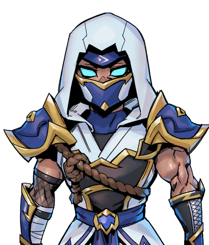 1boy armor belt blue_belt blue_mask gloves green_eyes grey_background grey_robe hood hood_up hooded_robe league_of_legends male_focus mask mouth_mask muscular muscular_male phantom_ix_row robe shen_(league_of_legends) shockblade_shen shoulder_armor simple_background solo standing upper_body