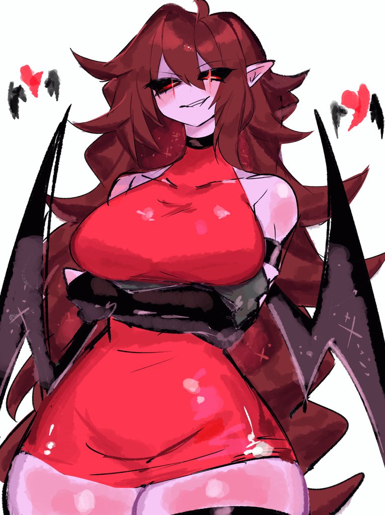 1girl ahoge arms_under_breasts bare_shoulders black_sclera black_thighhighs breasts brown_hair colored_sclera cowboy_shot demon_girl dress friday_night_funkin&#039; girlfriend_(friday_night_funkin&#039;) large_breasts long_hair looking_at_viewer pointy_ears red_dress red_eyes simple_background smirk solo standing thick_thighs thighhighs thighs usa37107692 very_long_hair white_background