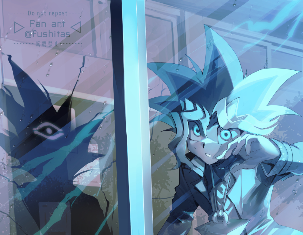 1boy blue_light blue_theme fushitasu hair_between_eyes indoors jacket long_sleeves looking_outside male_focus millennium_puzzle muto_yugi parted_lips shading_eyes shadow sidelighting signature solo spiked_hair window yami_yugi yu-gi-oh! yu-gi-oh!_(toei)