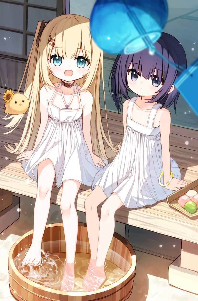 2girls :d bare_arms bare_shoulders barefoot blonde_hair blue_eyes brown_collar closed_mouth collar collarbone commentary_request day dress flower flower_girl_(yuuhagi_(amaretto-no-natsu)) food foot_bath hair_between_eyes hair_ornament hairclip highres long_hair looking_at_viewer mochi multiple_girls one_side_up open_mouth original outdoors purple_hair shiho_(yuuhagi_(amaretto-no-natsu)) sitting sleeveless sleeveless_dress smile soaking_feet sunflower very_long_hair water white_dress wind_chime x_hair_ornament yellow_flower yuuhagi_(amaretto-no-natsu)