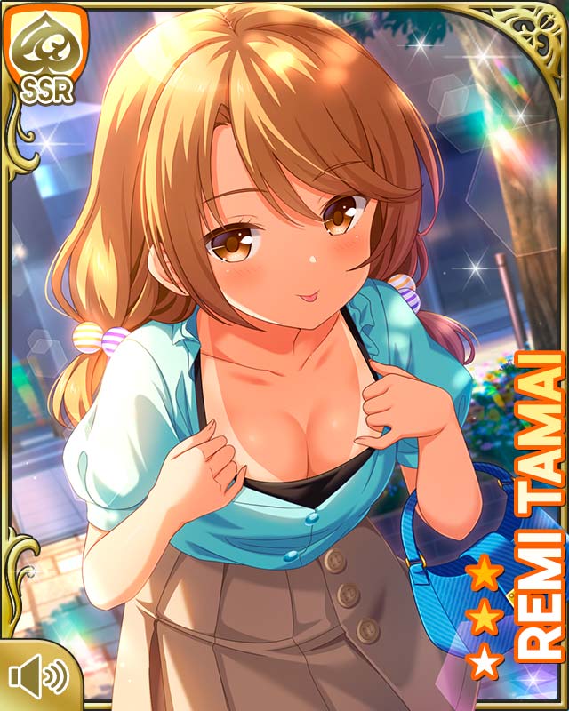 1girl :p breasts brown_eyes brown_hair brown_skirt card_(medium) city cleavage closed_mouth day girlfriend_(kari) green_shirt looking_at_viewer low_twintails medium_breasts official_art outdoors qp:flapper shirt skirt smile solo standing sunburn tagme tamai_remi tongue tongue_out twintails