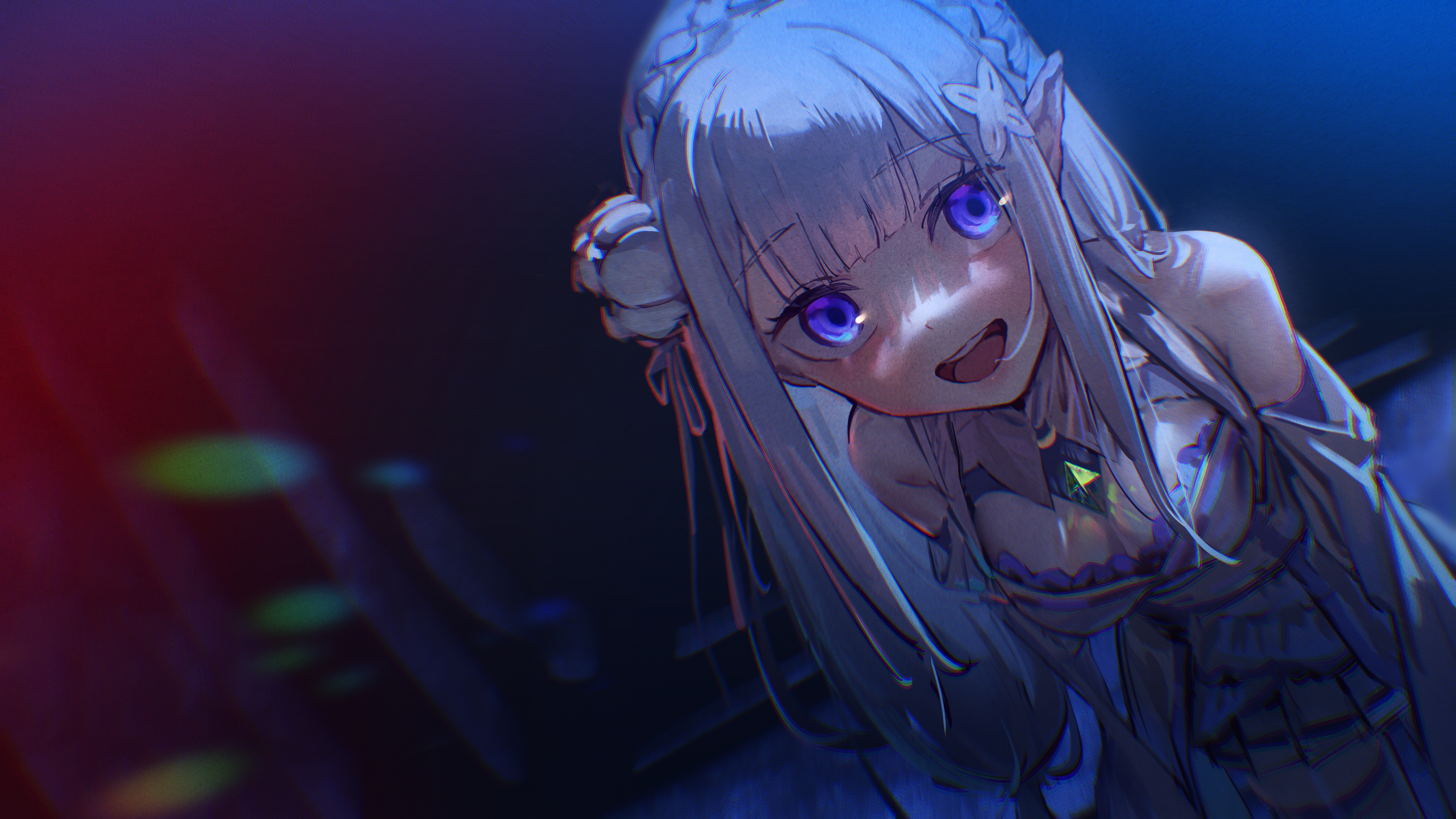 1girl absurdres bare_shoulders braid breasts cleavage crazy_smile crown_braid dress elf emilia_(re:zero) flower gem green_gemstone hair_flower hair_ornament hair_ribbon highres leaning_forward long_hair looking_at_viewer medium_breasts open_mouth pointy_ears purple_eyes purple_ribbon re:zero_kara_hajimeru_isekai_seikatsu ribbon rose smile solo thighhighs white_flower white_hair white_rose x_hair_ornament yu_hydra