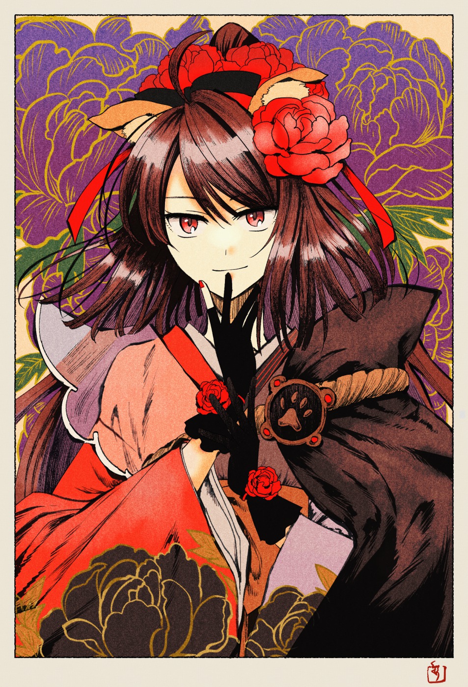 1girl ahoge animal_ears black_gloves brown_hair dog_ears fate/grand_order fate_(series) floral_background flower gloves hair_flower hair_ornament highres japanese_clothes kimono kyokutei_bakin_(fate) kyokutei_bakin_(second_ascension)_(fate) long_hair partially_fingerless_gloves ponytail red_eyes smile wide_sleeves yuuzuki230