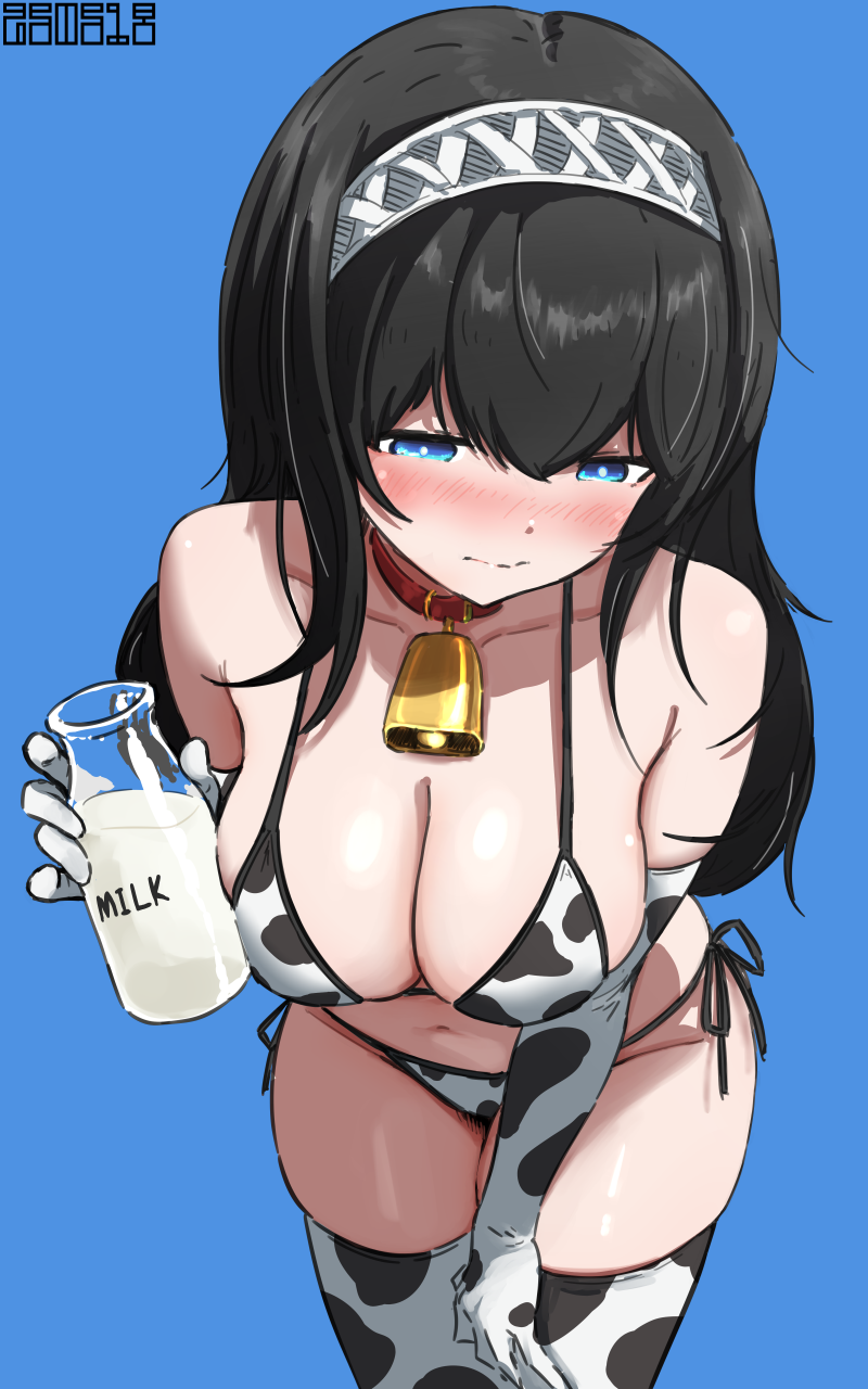 1girl animal_print argyle_clothes argyle_hairband bare_shoulders bell bikini black_hair blue_eyes blush bottle breasts choker cleavage collarbone cow_print cow_print_bikini cow_print_gloves cow_print_thighhighs elbow_gloves gloves hair_between_eyes highres holding holding_bottle idolmaster idolmaster_cinderella_girls koitusmile large_breasts long_hair milk_bottle neck_bell print_bikini print_gloves print_thighhighs sagisawa_fumika side-tie_bikini_bottom solo swimsuit thighhighs