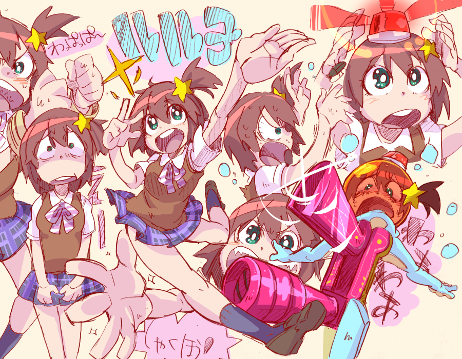 10s 1girl bodysuit brown_hair bug character_name cockroach commentary_request enshima_akira multiple_expressions green_eyes hair_ornament helmet insect judgement_gun_morphing luluco multiple_views pleated_skirt rotating_light school_uniform shoes side_ponytail skirt skirt_hold socks star_(symbol) star_hair_ornament uchuu_patrol_luluco
