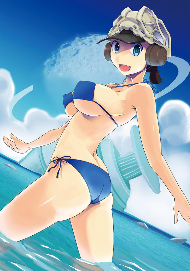 1girl baseball_cap bikini blue_eyes breasts brown_hair earth_seeker female_focus feres_(earth_seeker) hat large_breasts ocean planet side-tie_bikini_bottom solo swimsuit takashi_moritaka