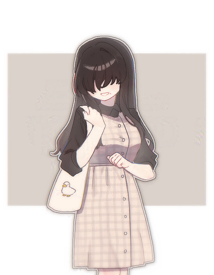 1girl :d alternate_costume bag bird breasts brown_background brown_dress brown_hair brown_outline brown_shirt casual chi_kan100 clenched_hand collared_shirt covered_eyes cowboy_shot dress duck facing_viewer hair_over_eyes hand_up head_tilt holding_strap kakure_meme kimi_no_koto_ga_dai_dai_dai_dai_daisuki_na_100-nin_no_kanojo long_hair mole mole_under_mouth open_mouth outline plaid_clothes plaid_dress shirt shoulder_bag sidelocks single_hair_intake smile solo three-quarter_sleeves white_background white_outline wing_collar