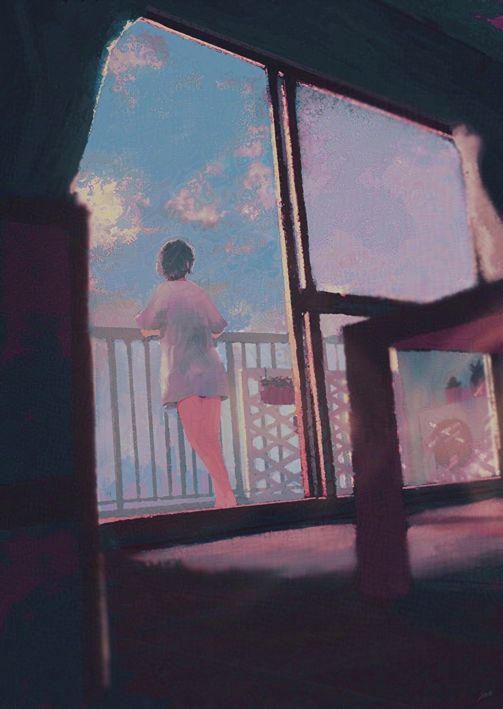 1girl balcony black_hair cloud cloudy_sky facing_away floor from_inside highres original railing saisho_(qpoujr) scenery shirt short_hair short_sleeves sky sliding_doors solo standing t-shirt table white_shirt wide_shot