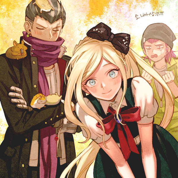 1girl 2boys bandaged_hand bandages beanie black_bow black_hair blonde_hair blue_eyes bow clenched_hands closed_eyes commentary_request crossed_arms danganronpa_(series) danganronpa_2:_goodbye_despair dg_xhs dress green_dress grey_hair hair_bow hamster hamster_on_shoulder hands_up hat jumpsuit korean_commentary korean_text leaning_forward long_hair long_sleeves looking_at_viewer multicolored_hair multiple_boys neck_ribbon open_mouth pink_hair puffy_short_sleeves puffy_sleeves purple_scarf red_ribbon ribbon scarf shirt short_hair short_sleeves smile soda_kazuichi sonia_nevermind tanaka_gundham tears white_shirt yellow_jumpsuit