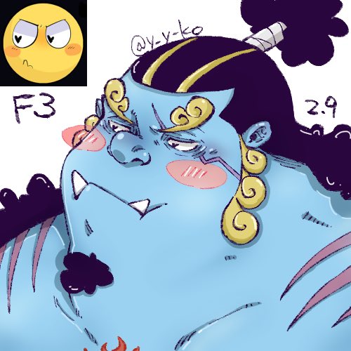 1boy black_hair blue_skin blush_stickers colored_skin curly_eyebrows emoji facial_hair fins fish_boy goatee jinbe_(one_piece) looking_away lowres male_focus one_piece ponytail portrait pout reference_inset solo tusks yayuko