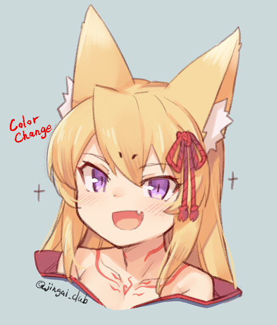 1girl alternate_eye_color animal_ears bare_shoulders blonde_hair blush commentary_request cropped_shoulders fang fox_ears jingai_modoki kitsune long_hair mon-musu_quest! open_mouth purple_eyes smile solo tamamo_(mon-musu_quest!)