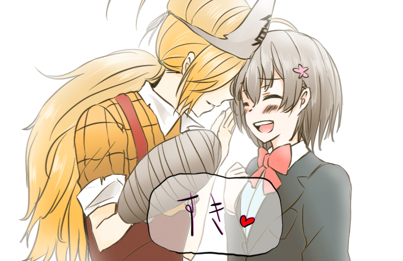 2girls backlighting binbougami_ga! blonde_hair blush bow bowtie brown_hair cast commentary_request facing_another flower hair_flower hair_ornament heart long_hair messy_hair momiji_(binbougami_ga!) multiple_girls open_mouth pink_flower pink_neckwear sakura_ichiko short_hair short_sleeves smile translated triangular_headpiece upper_body white_background yuchi_(salmon-1000) yuri