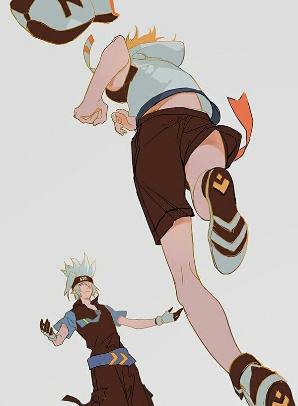 2boys aotu_world belt black_headband black_shorts black_vest blonde_hair blue_shirt gloves grey_(aotu_world) grey_background grey_hair grin hat headband hood hood_down hoodie jumping king_(aotu_world) male_focus multiple_boys oten shirt shoes short_hair short_sleeves shorts simple_background smile sneakers spiked_hair unworn_hat unworn_headwear vest white_gloves white_hair white_hoodie white_shoes yaoi