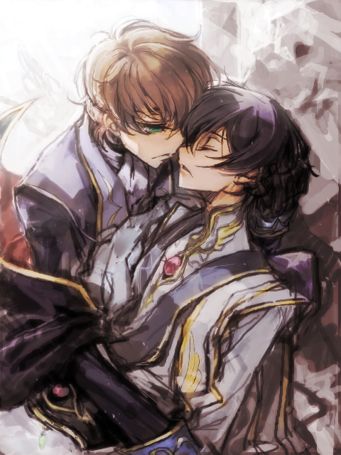 2boys black_hair brown_hair c_(rahit) code_geass green_eyes kururugi_suzaku lelouch_vi_britannia male_focus multiple_boys rahit short_hair zero_(code_geass)
