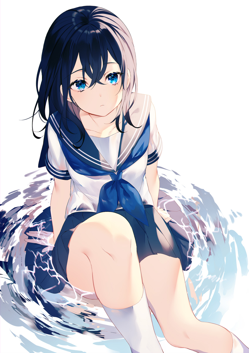 1girl achiki blue_eyes blue_hair blue_neckerchief blue_sailor_collar blue_skirt breasts closed_mouth expressionless eyelashes from_above hair_between_eyes highres kneehighs looking_at_viewer looking_up medium_hair miniskirt neckerchief original partially_submerged pleated_skirt sailor_collar school_uniform serafuku shirt simple_background sitting skirt small_breasts socks solo straight_hair thighs water white_background white_shirt white_socks