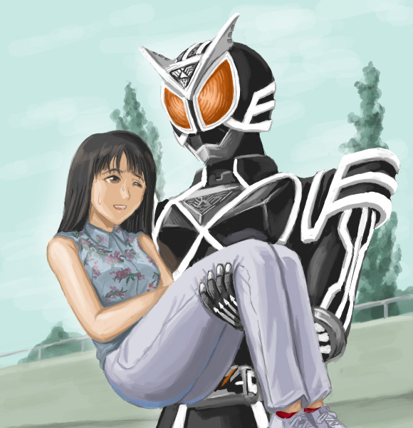1girl ;d black_hair bodysuit carrying cj_(pixiv81576) fir_tree head_tilt helmet kamen_rider kamen_rider_555 kamen_rider_delta kimura_saya long_hair one_eye_closed open_mouth princess_carry smile stmk64 tree
