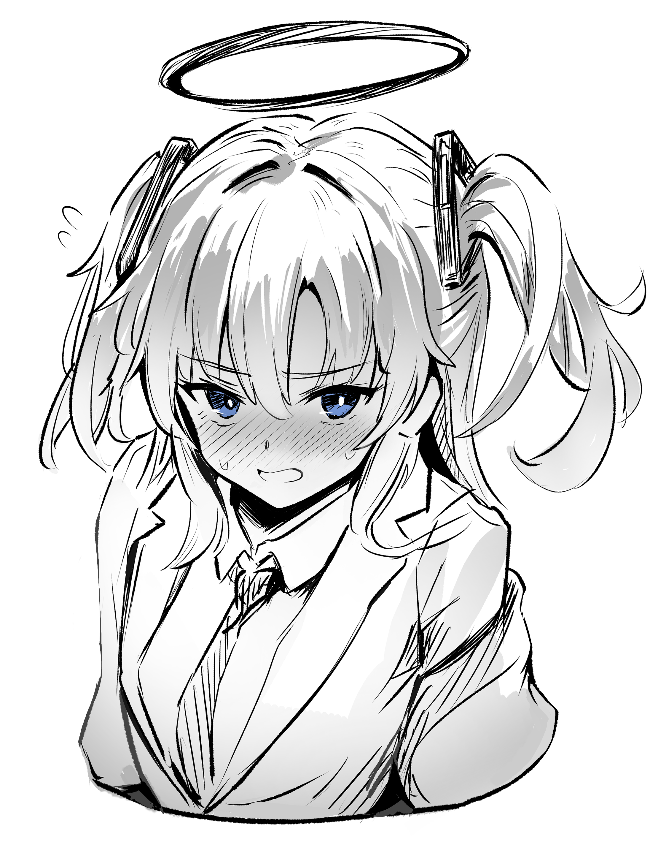 1girl absurdres blue_archive blue_eyes blush commentary_request greyscale halo highres long_hair looking_at_viewer metsu_end monochrome necktie solo two_side_up upper_body yuuka_(blue_archive)
