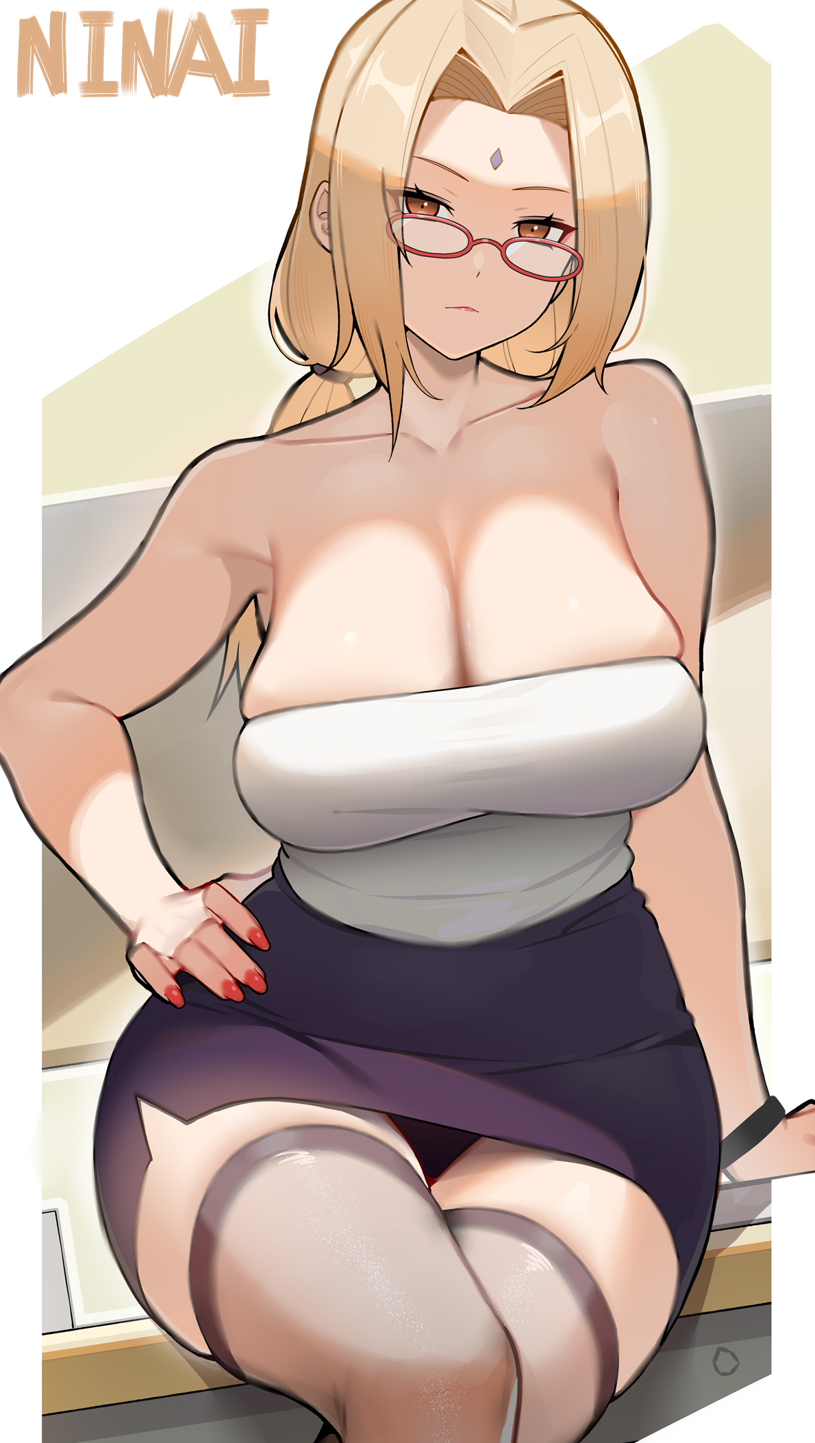 1girl bare_arms bare_shoulders black_panties black_thighhighs blonde_hair breasts cleavage crossed_legs facial_mark forehead_mark highres large_breasts looking_at_viewer mature_female naruto_(classic) naruto_(series) ninai office_lady panties pencil_skirt skirt solo thighhighs tsunade_(naruto) underwear yellow_eyes