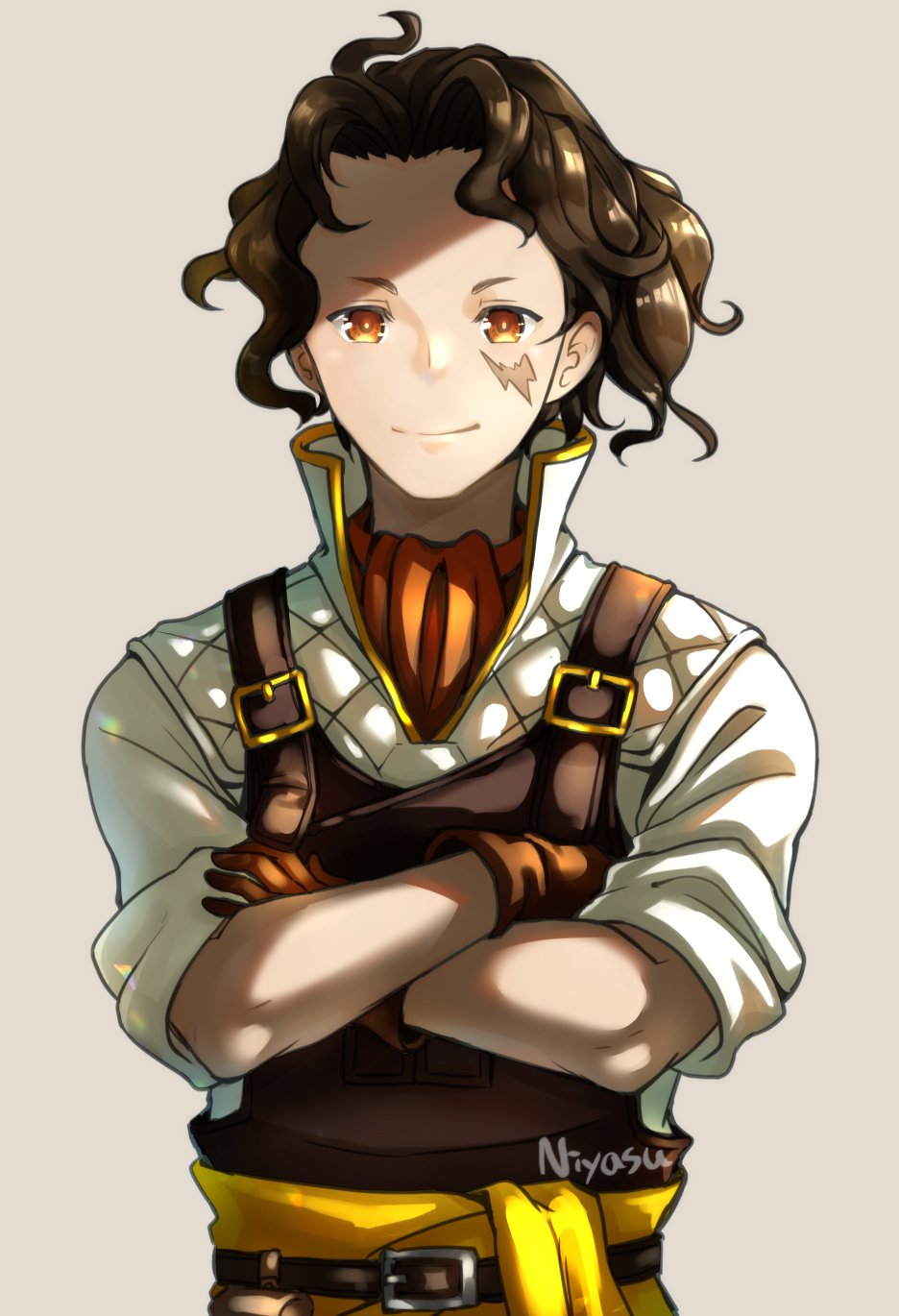1boy ascot brown_hair closed_mouth crossed_arms gloves high_collar highres jens_macher looking_at_viewer male_focus niyasu orange_hair overalls quilted_clothes red_ascot scar scar_on_face shirt simple_background sleeves_rolled_up smile solo straight-on triangle_strategy upper_body white_shirt
