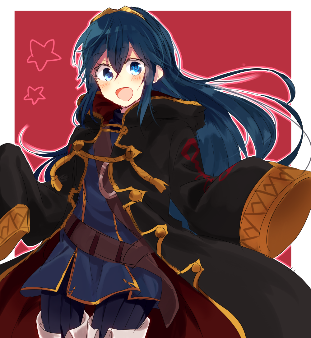 1girl :d blue_eyes blue_hair blush chimo390 cosplay female_focus female_robin_(fire_emblem) fire_emblem fire_emblem_awakening long_hair lucina_(fire_emblem) male_robin_(fire_emblem) male_robin_(fire_emblem)_(cosplay) matching_hair/eyes nintendo open_mouth smile solo